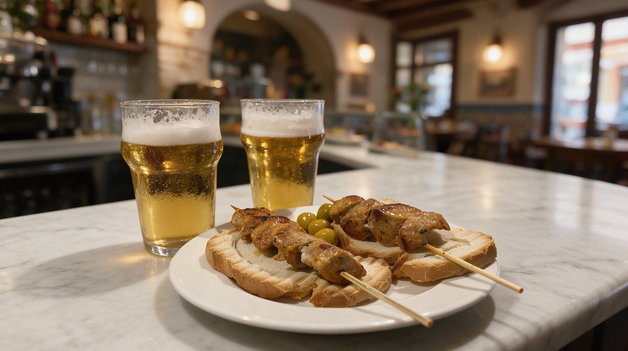 Barra de mármol de Restaurante Las Tablas con tapas: pinchos, pan, aceitunas y una cerveza fría
