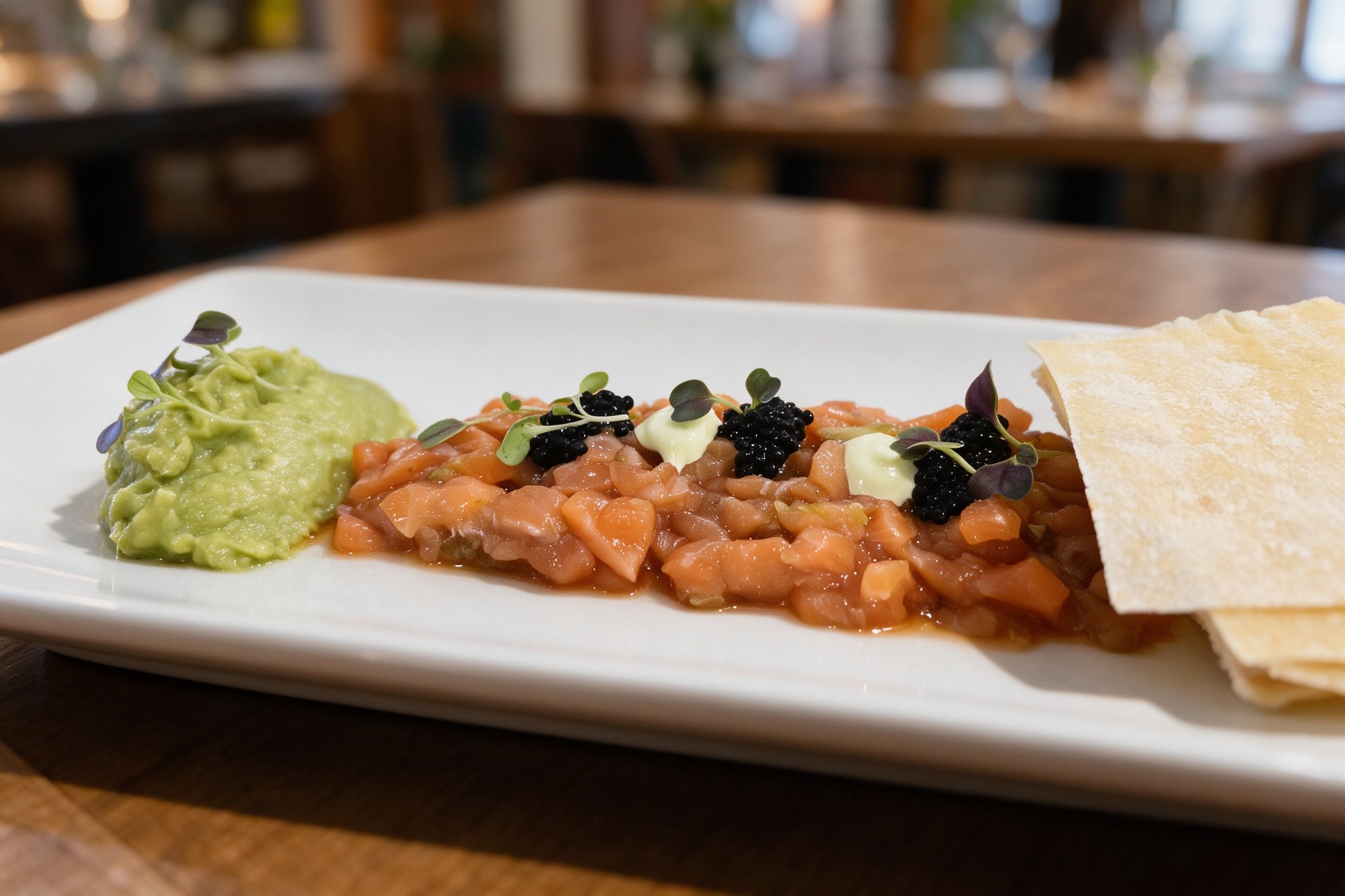 Tartar de Salmón y Aguacate de Restaurante Las Tablas, tartar de salmón sobre crema de aguacate con crujiente de pan tostado y brotes tiernos en plato blanco