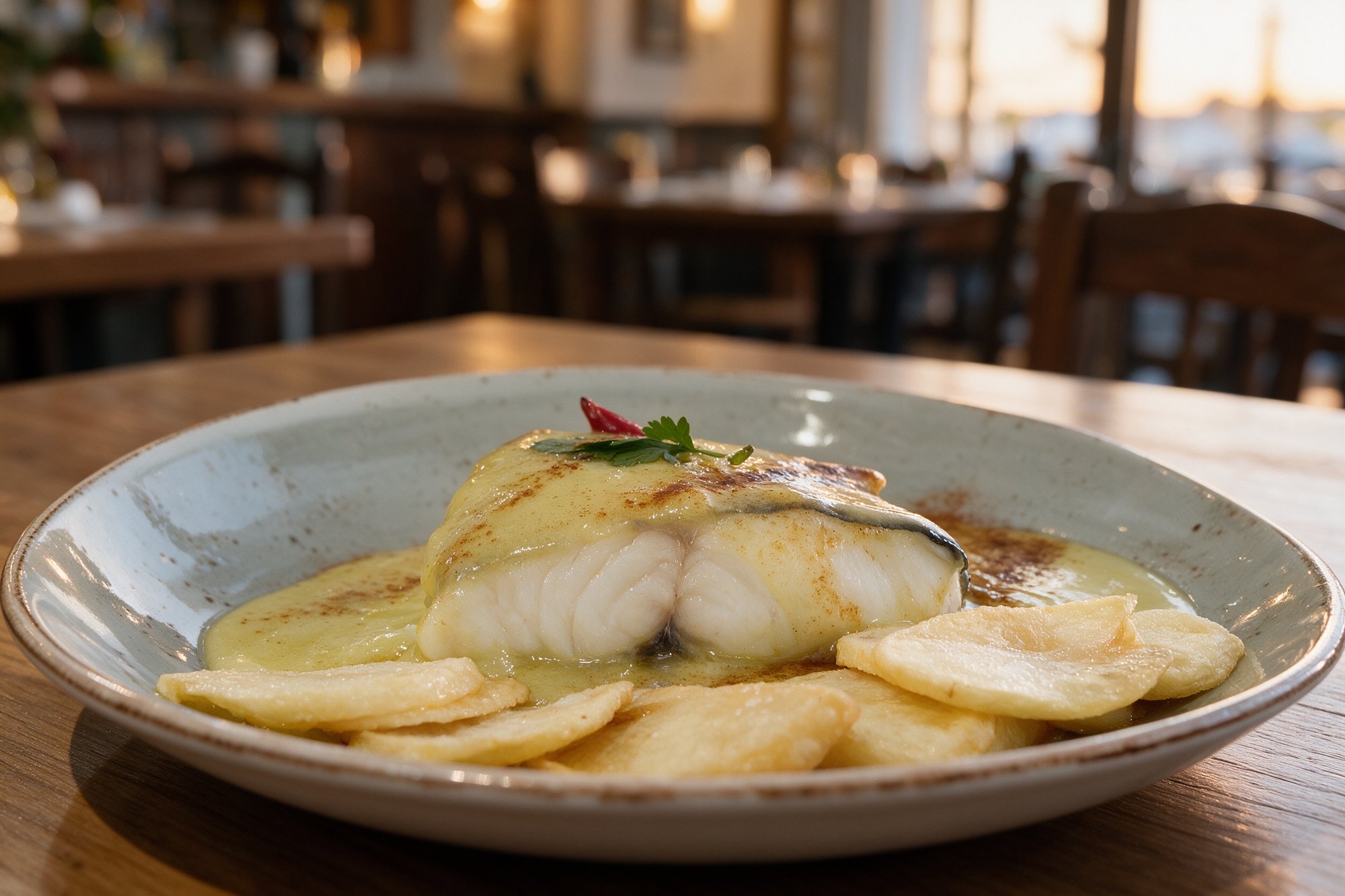 Bacalao al Pilpil de Restaurante Las Tablas, bacalao confitado en aceite de ajo con salsa pilpil y patatas fritas doradas en plato blanco