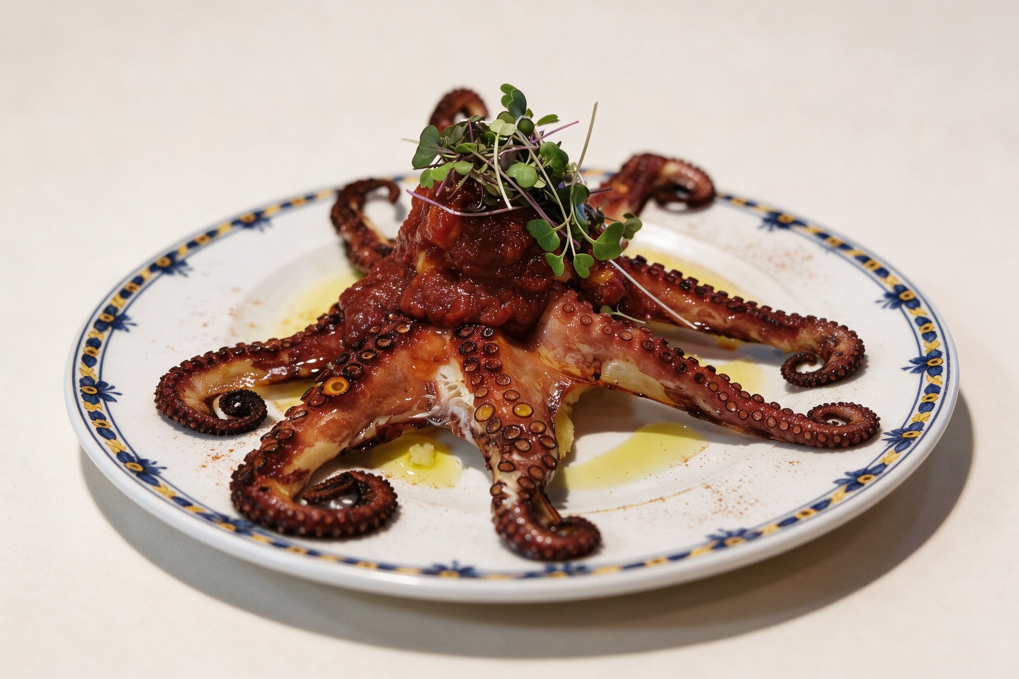 Pulpo a la Plancha de Restaurante Las Tablas, pulpo asado con salsa y brotes, tapa de mar clásica