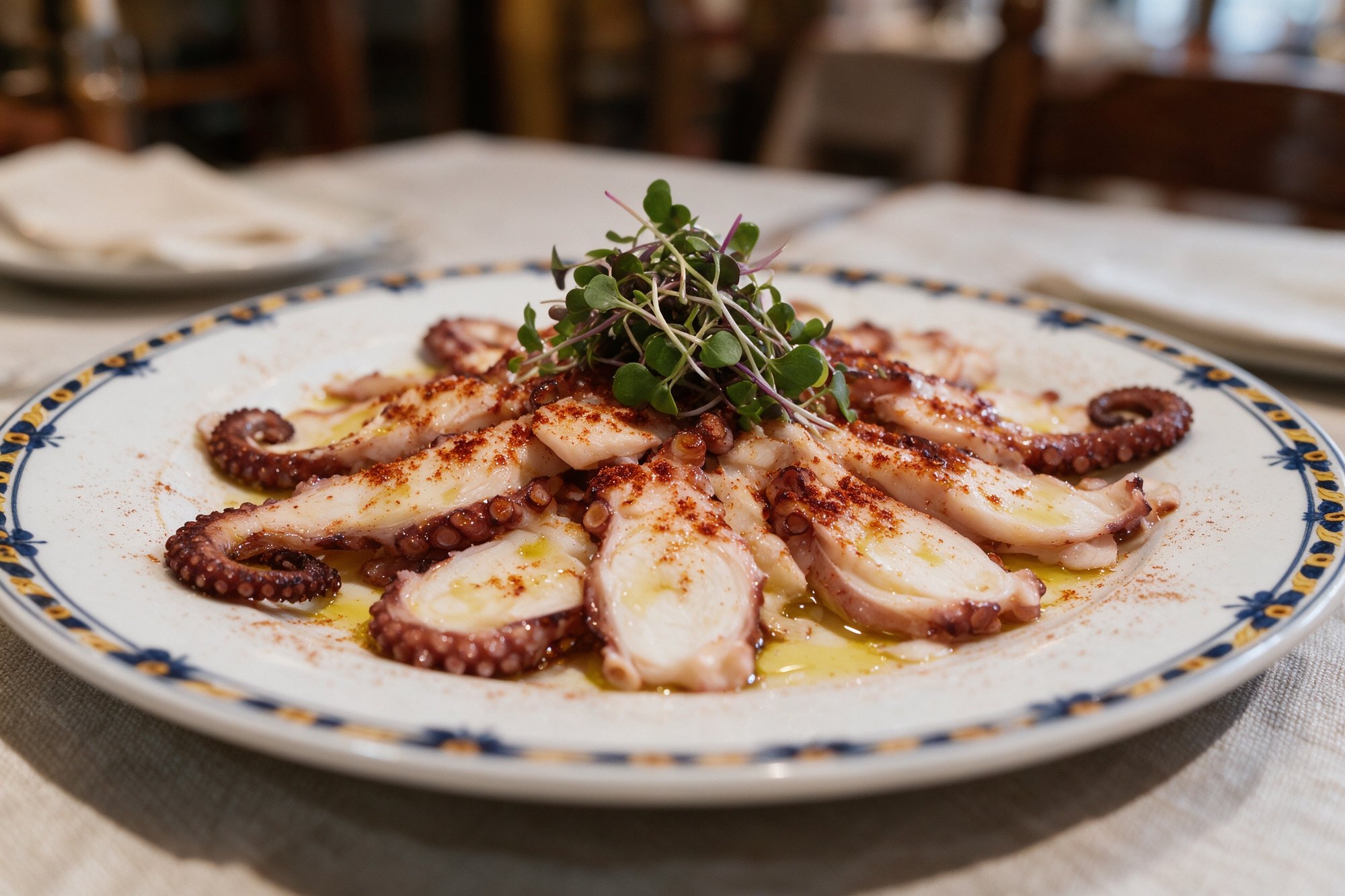 Pulpo a la Gallega de Restaurante Las Tablas, láminas de pulpo con pimentón y aceite de oliva sobre patata, con brotes tiernos, en plato blanco